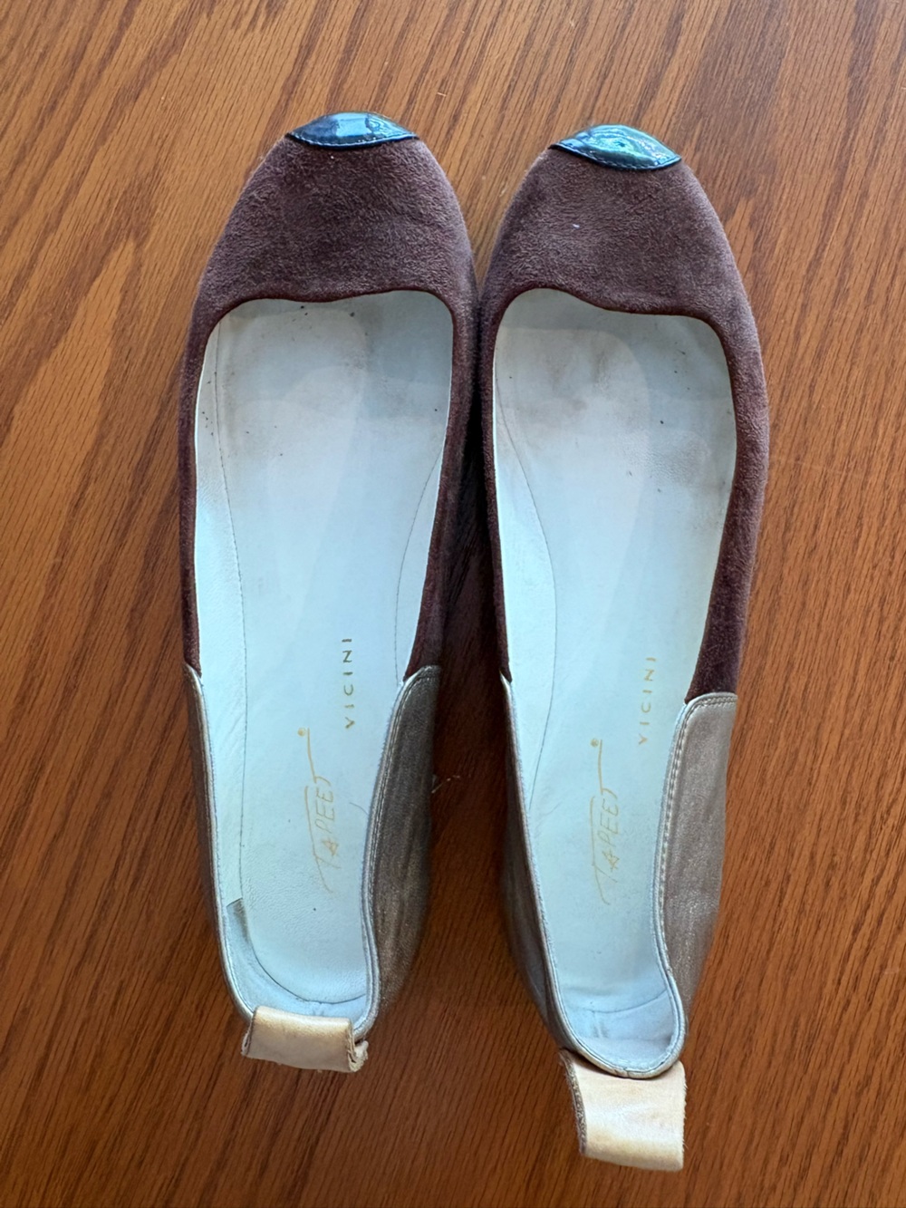 Vicini Brown Suede Ballet Flats with Metallic Cap Toe